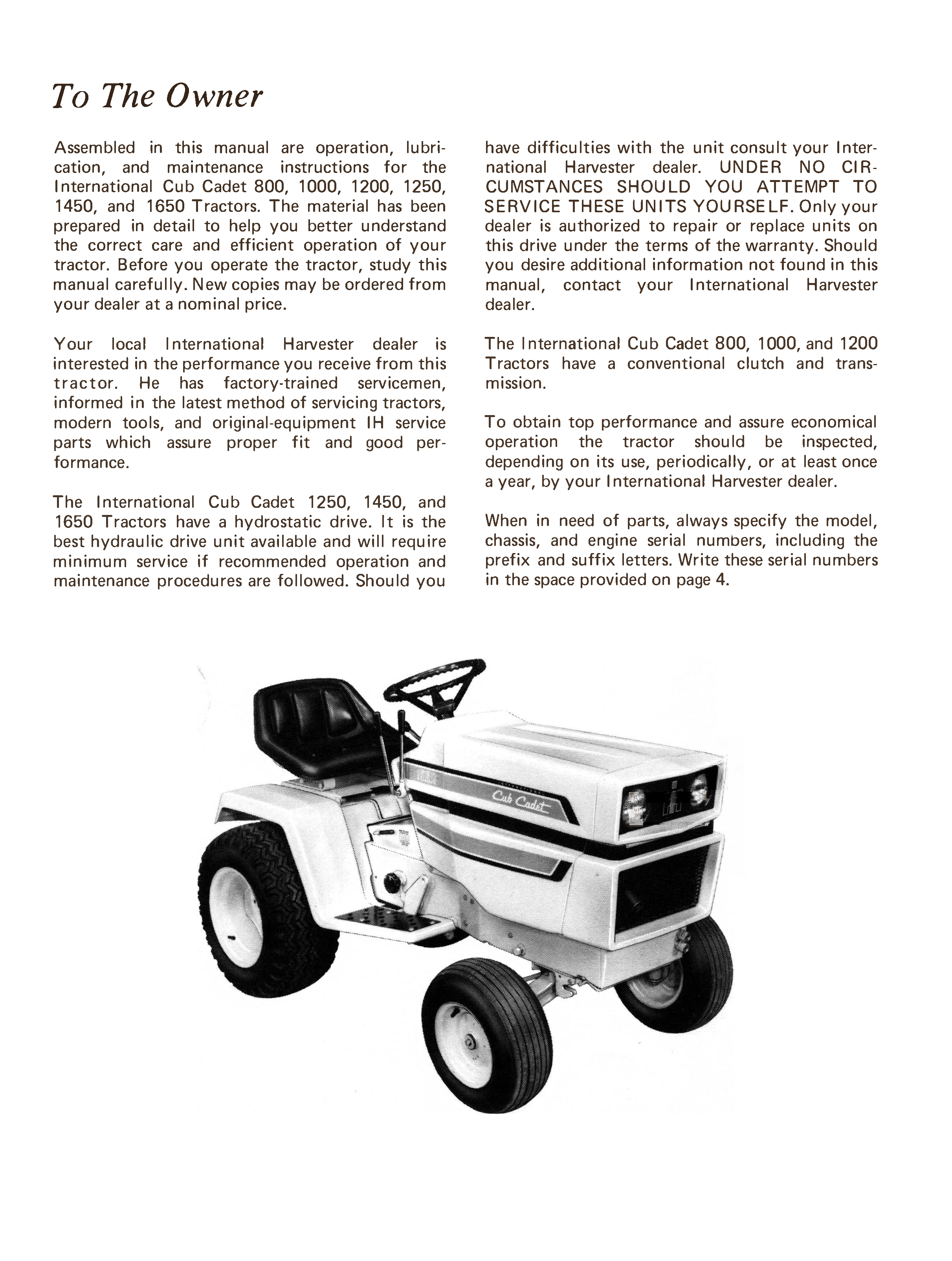 International Cub Cadet 800, 1000, 1200, 1250, 1450, 1650 Tractor & Mowers Operator's Manual