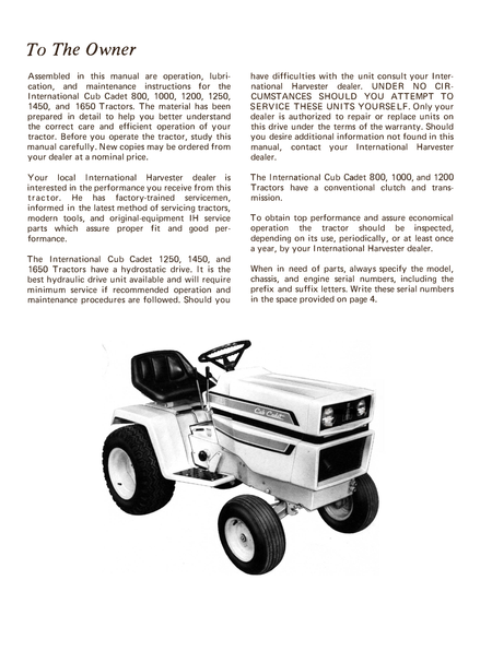 International Cub Cadet 800, 1000, 1200, 1250, 1450, 1650 Tractor & Mowers Operator's Manual