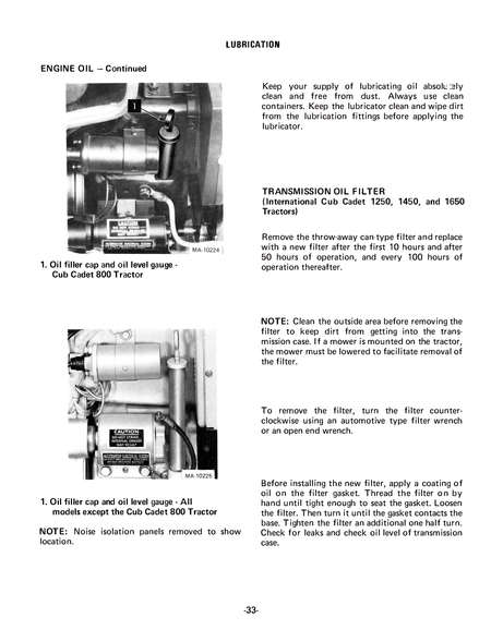 International Cub Cadet 800, 1000, 1200, 1250, 1450, 1650 Tractor & Mowers Operator's Manual