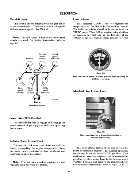 Technical diagram and instructions for a McCormick Farmall M & MV gearshift lever, heat indicator, and manifold heat control lever.