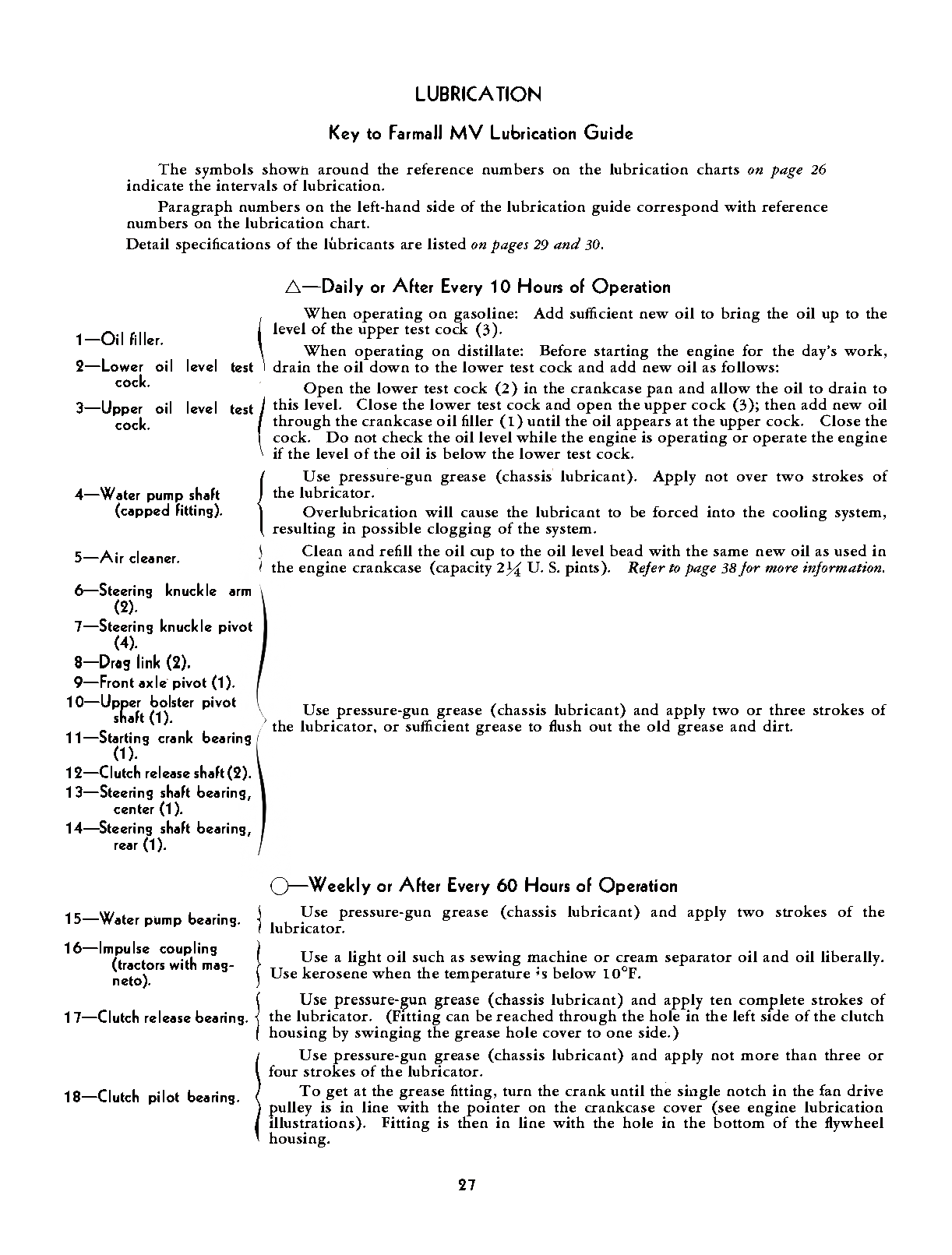 Lubrication guide for a Farmall MV engine with text and numbered steps.