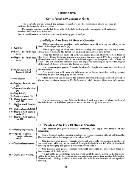 Lubrication guide for a Farmall MV engine with text and numbered steps.