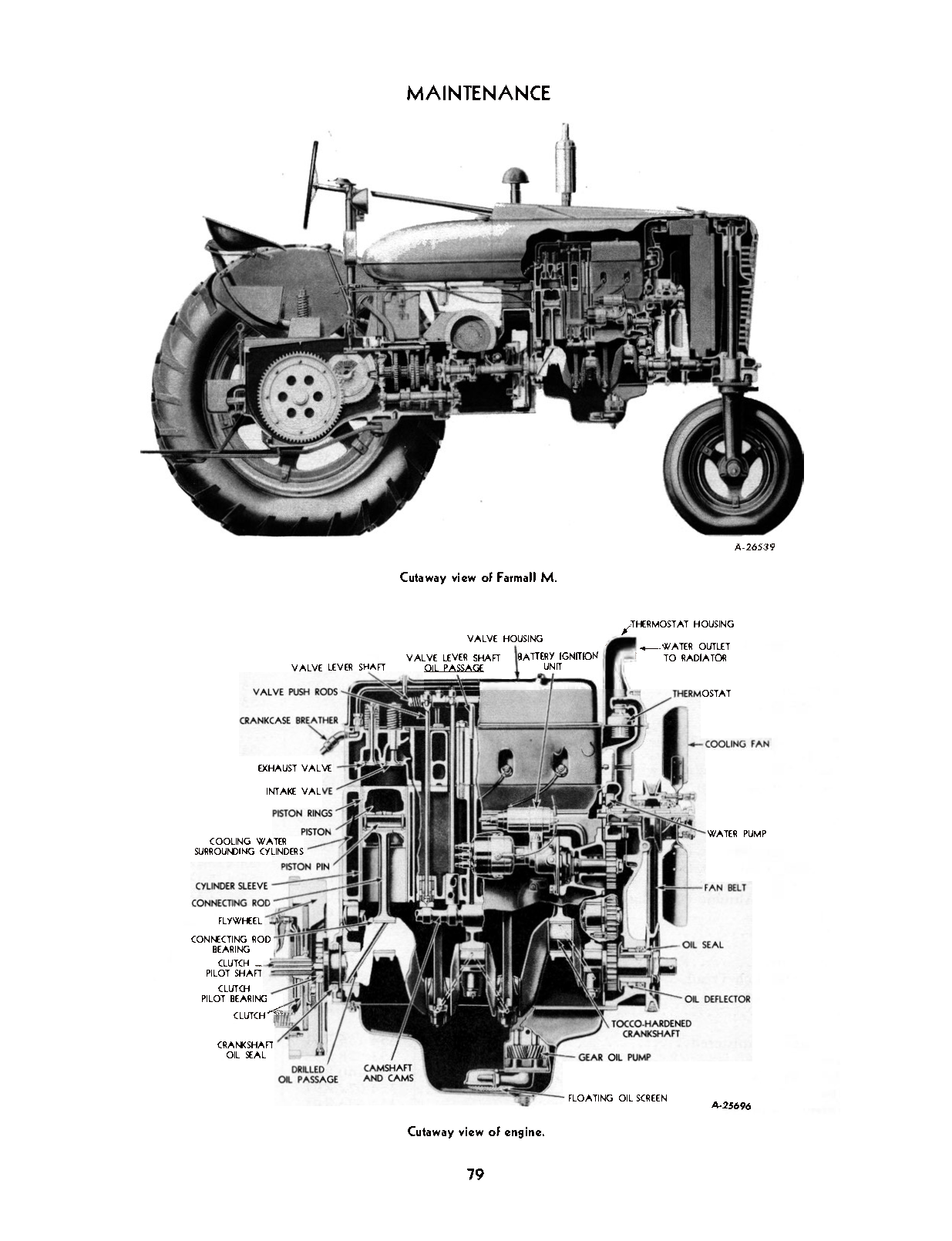 Technical diagram of a McCormick Farmall M & MV tractor and engine cutaway on a white background