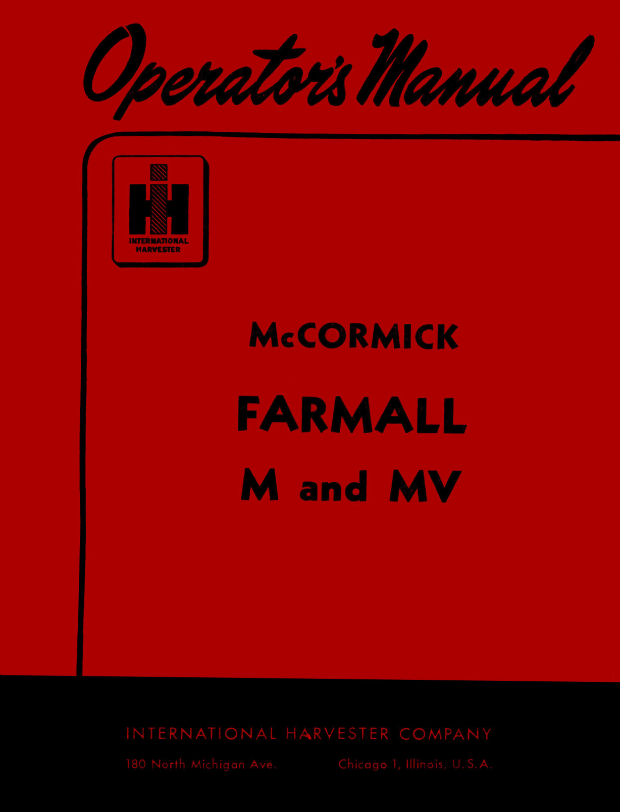 Red book cover with McCormick Farmall M and MV text and International Harvester logo.