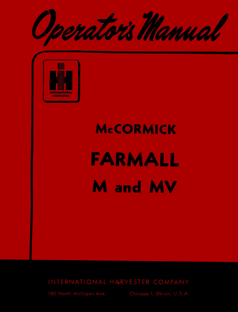 Red book cover with McCormick Farmall M and MV text and International Harvester logo.