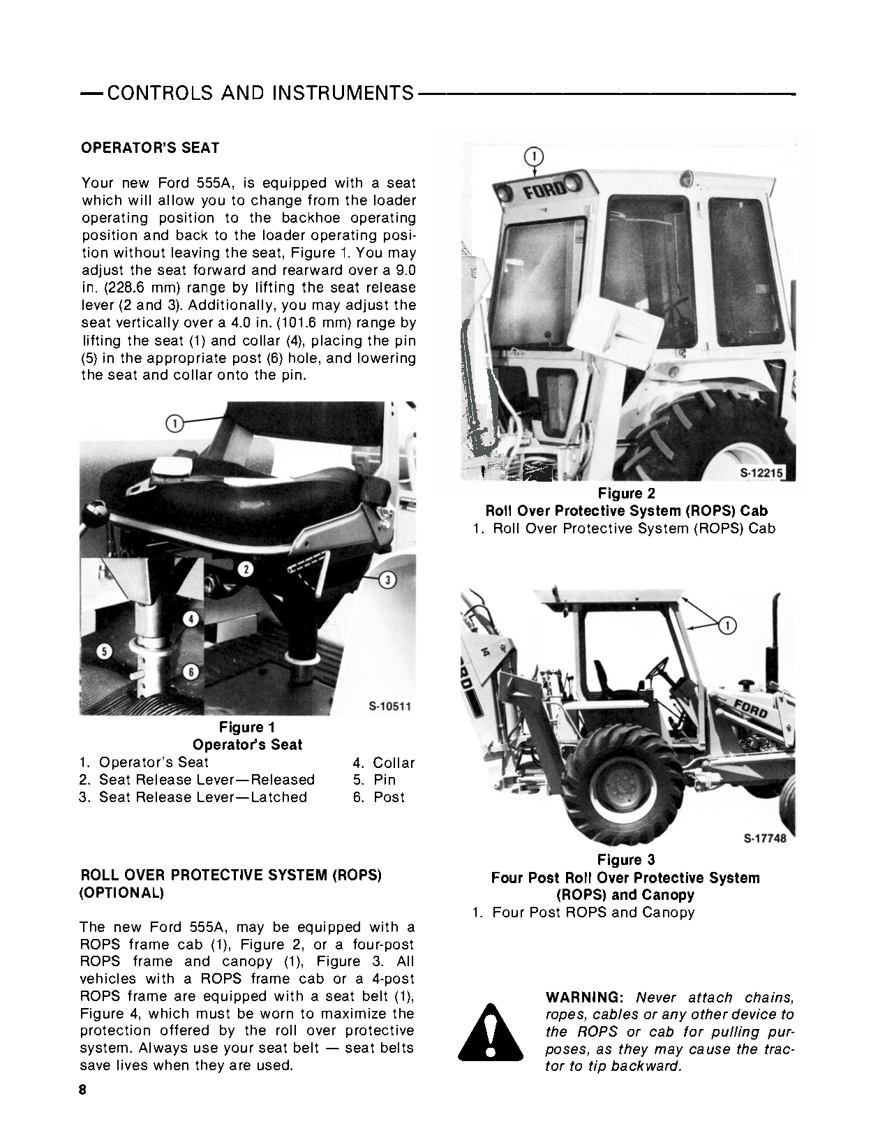 Page from a Ford 555A tractor manual detailing controls and instruments, including illustrations of a tractor seat and roll over protective system.