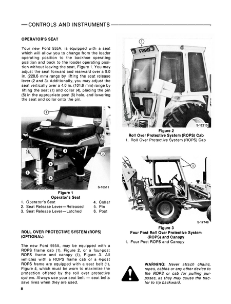 Page from a Ford 555A tractor manual detailing controls and instruments, including illustrations of a tractor seat and roll over protective system.