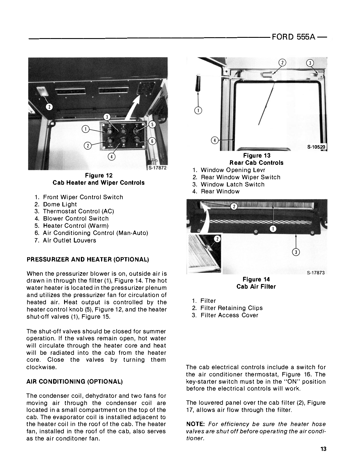 Technical manual page for Ford 555A with illustrations and text on cab heater and air control systems.