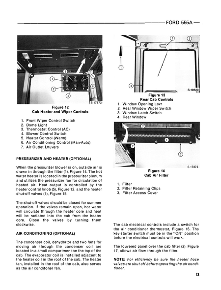 Technical manual page for Ford 555A with illustrations and text on cab heater and air control systems.