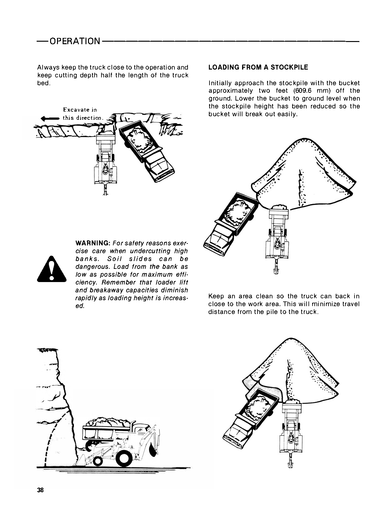Instructions for operating a Ford 555A tractor, loader backhoe, specifically loading from a stockpile, with illustrations and text.