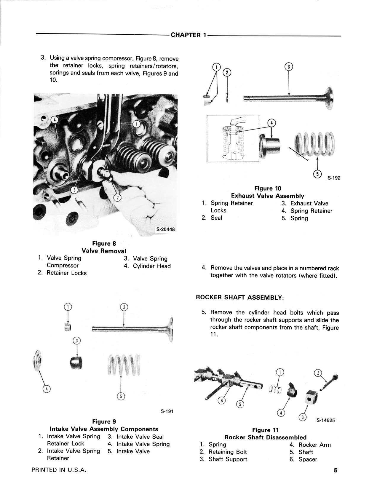 Technical diagram and text from a mechanical repair manual on valve assembly and rocker shaft assembly for a Ford 555A, 555B & 655A Tractor-Loader-Backhoe Service Repair Manual