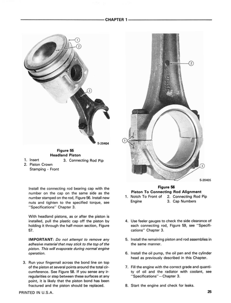 Technical illustration of a headland piston and connecting rod from a Ford 555A, 555B & 655A Tractor-Loader-Backhoe Service Repair Manual