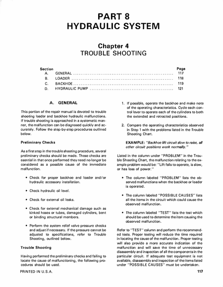 Page from a technical manual on hydraulic system troubleshooting for a Ford 555A, 555B & 655A Tractor-Loader-Backhoe Service Repair Manual