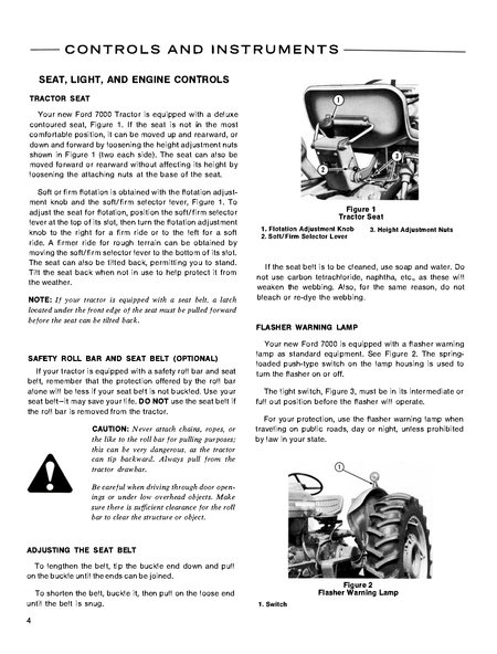Page from a Ford 7000 tractor operator's manual detailing tractor seat, light, and engine controls with illustrations and text.