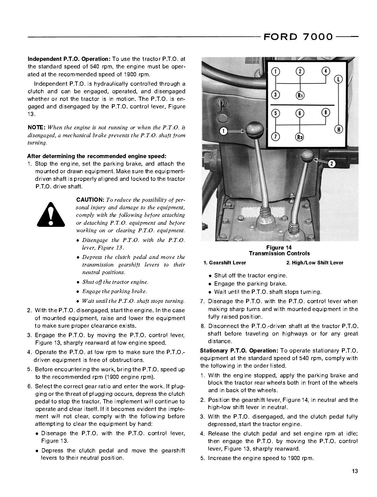 Ford 7000 tractor manual detailing PTO operation and transmission control.