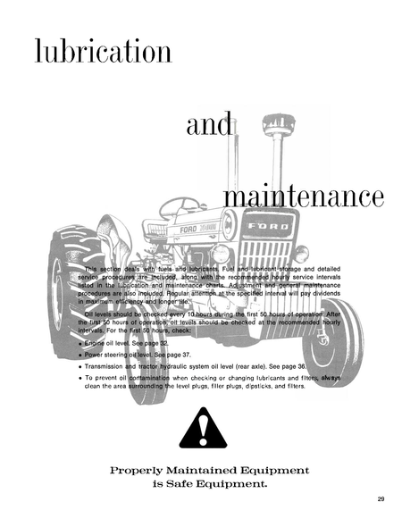 Illustration of a Ford 7000 tractor operator's manual with lubrication and maintenance text on a white background