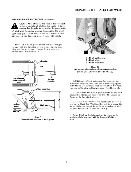 Instructions for hitching a International 420 baler to a tractor with diagrams.