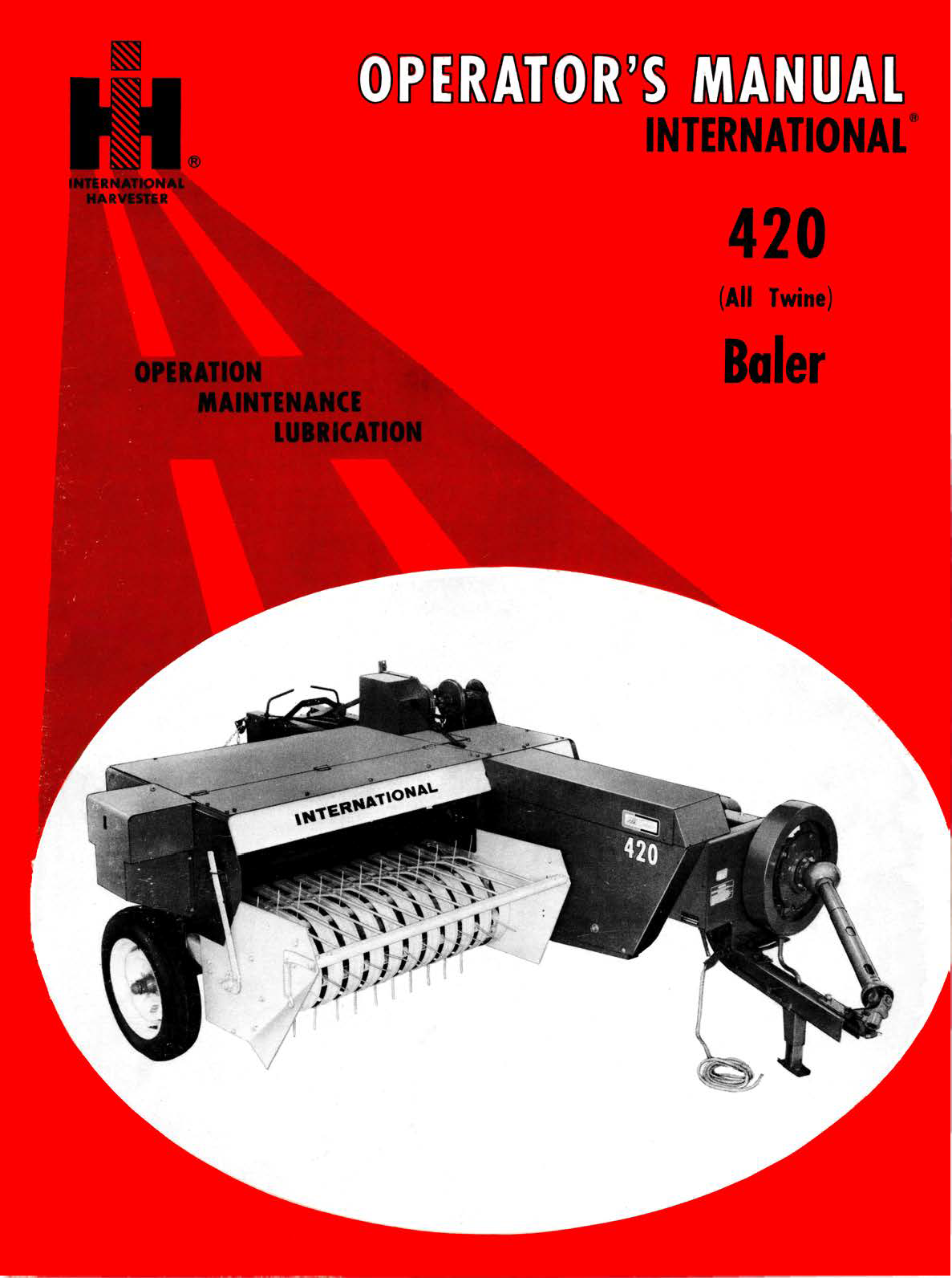 Operator's manual for International 420 baler with red background and black and white illustration.