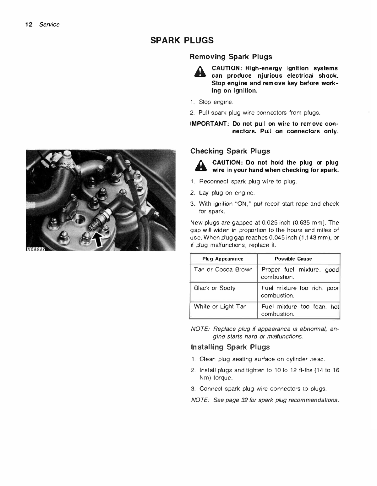 Page from a manual detailing spark plug removal, checking, and installation with an image of spark plugs for a John Deere 440 liquifire snowmobile 