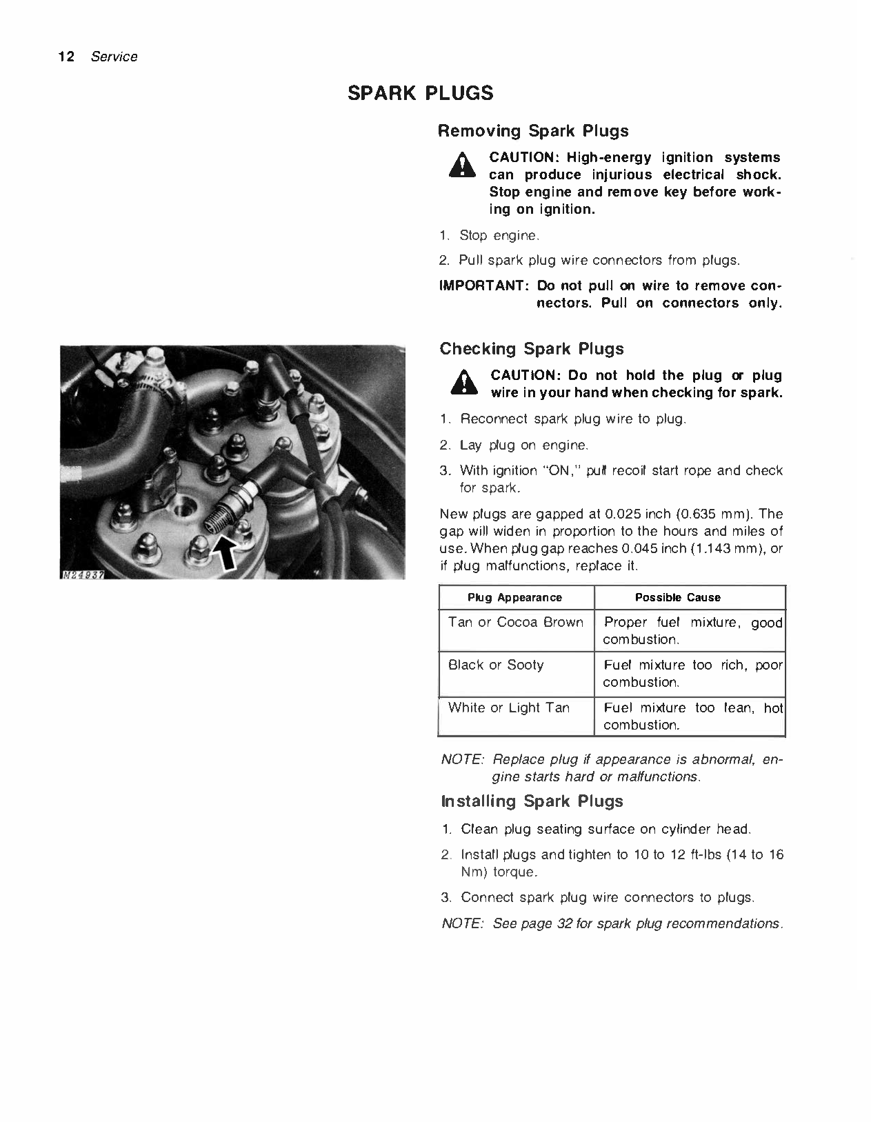 Page from a manual detailing spark plug removal, checking, and installation with an image of spark plugs for a John Deere 440 liquifire snowmobile 