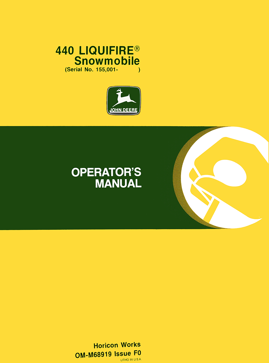 Operator's manual cover for John Deere 440 Liquifire snowmobile on a yellow and green background