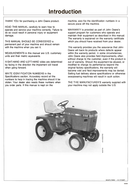 John Deere 332 Lawn and Garden Tractor Operator's Manual