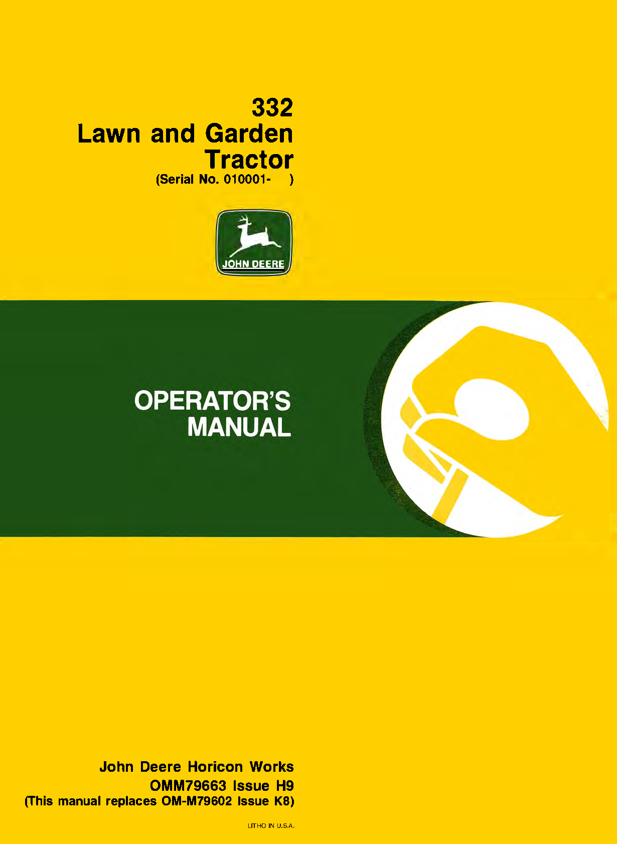 John Deere 332 Lawn and Garden Tractor Operator's Manual Ag Manuals