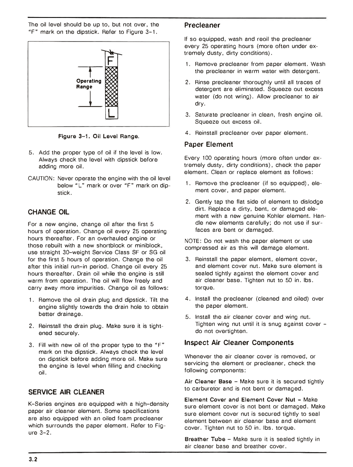 Kohler Engine Technical manual page with text and diagrams on oil level measurement and cleaning procedures.