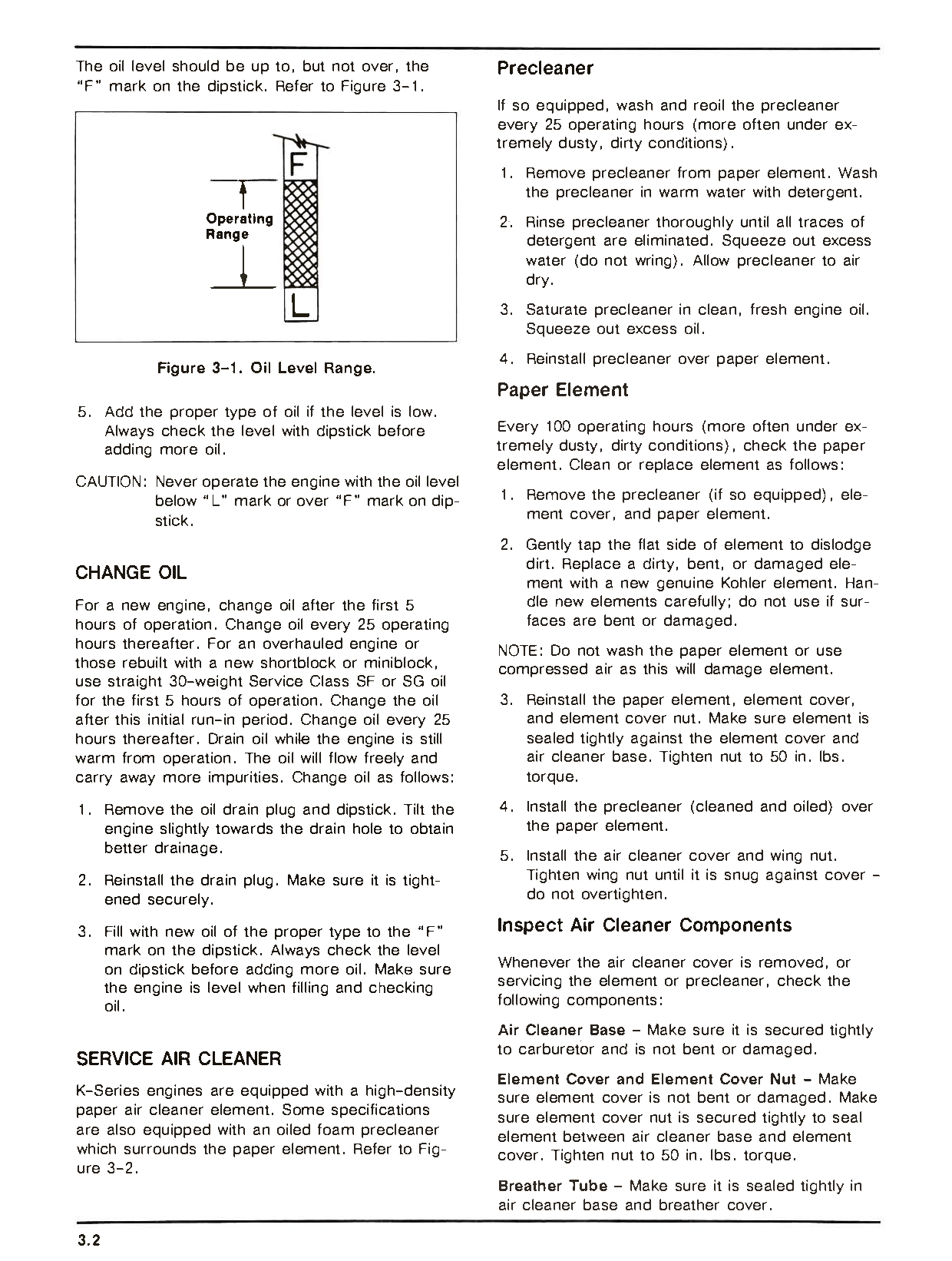 Kohler Engine Technical manual page with text and diagrams on oil level measurement and cleaning procedures.