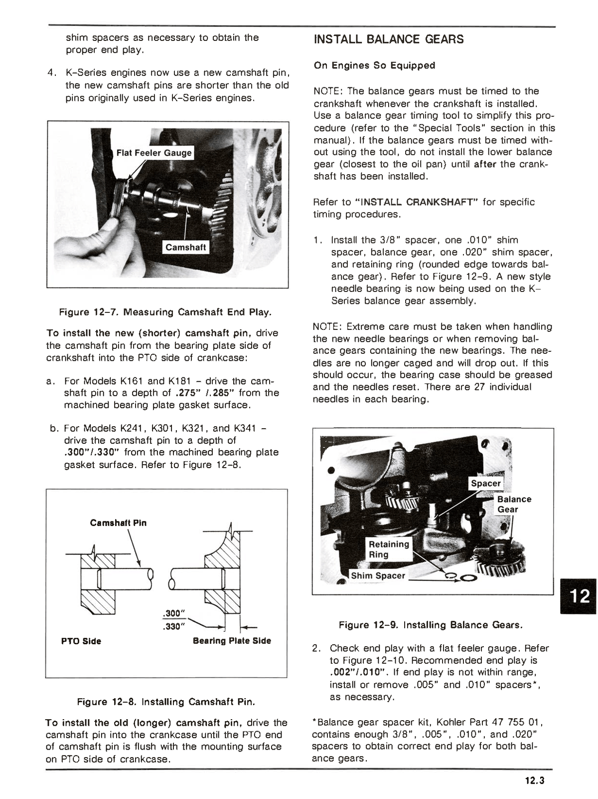 Kohler Single cylinder engine Technical manual page on installing balance gears with text and diagrams.