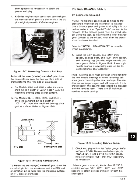 Kohler Single cylinder engine Technical manual page on installing balance gears with text and diagrams.