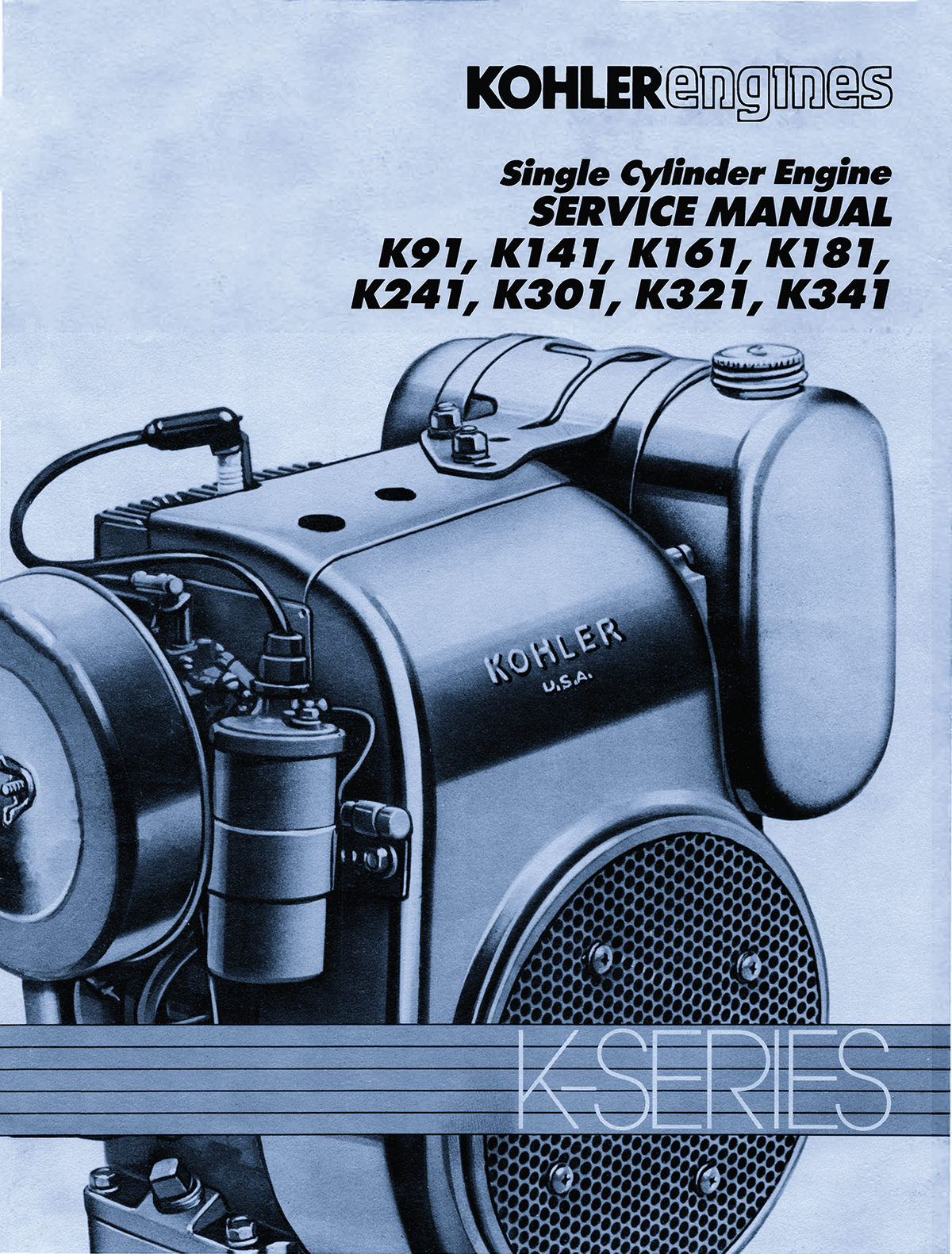 Kohler engines service manual k91, k141, k161, k181, k241, k301, k321, k341 with engine illustration on a light blue background