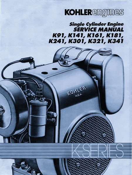 Kohler engines service manual k91, k141, k161, k181, k241, k301, k321, k341 with engine illustration on a light blue background