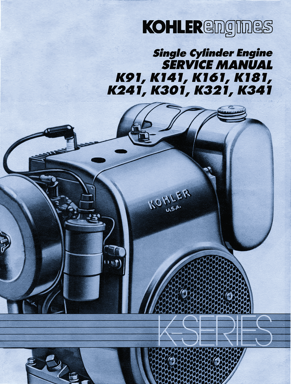 Kohler engines service manual k91, k141, k161, k181, k241, k301, k321, k341 with engine illustration on a light blue background