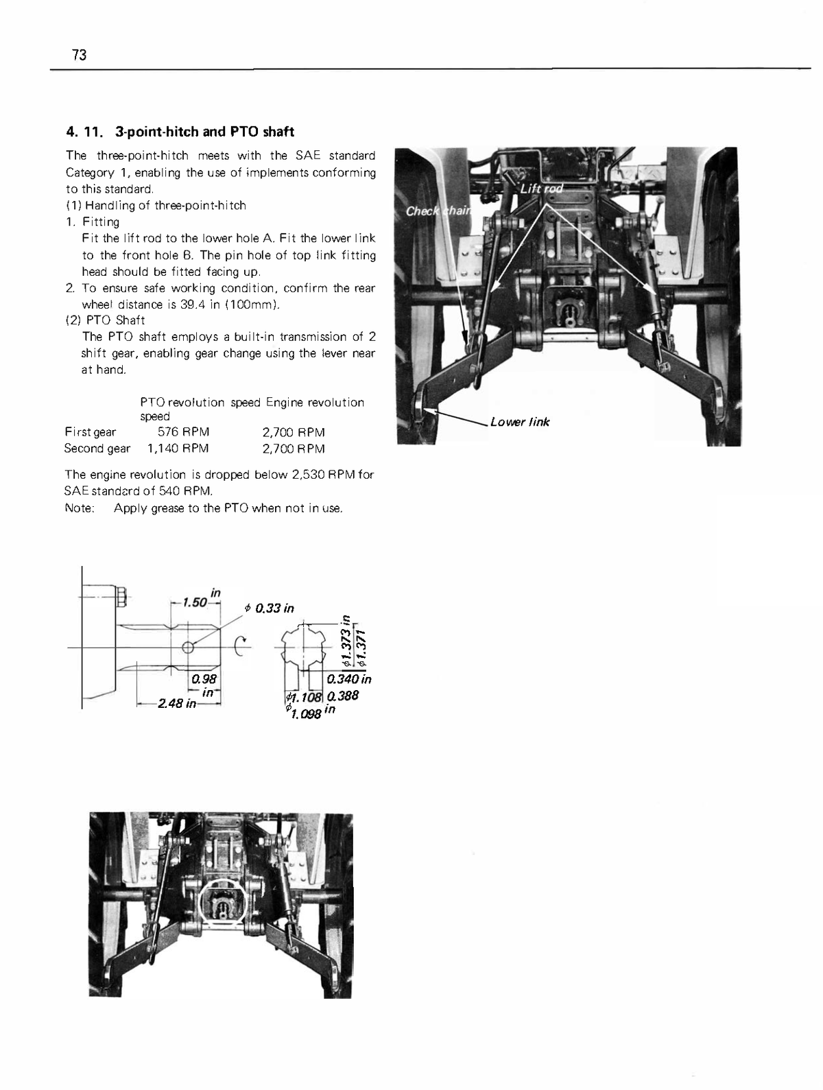Technical diagram and information about a 3 point hitch for a Kubota tractor model L225.