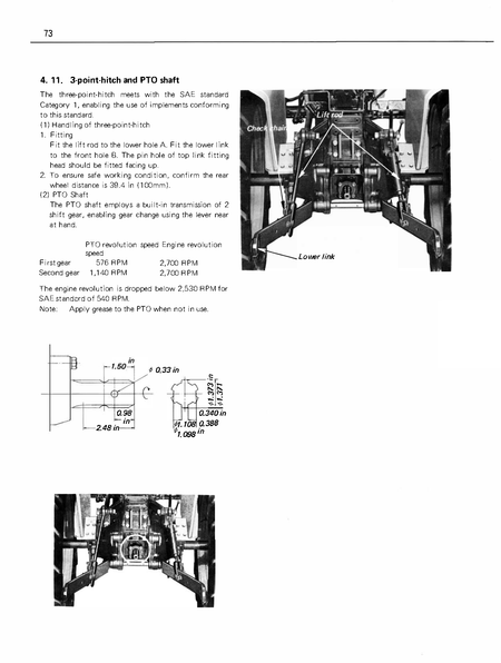 Technical diagram and information about a 3 point hitch for a Kubota tractor model L225.