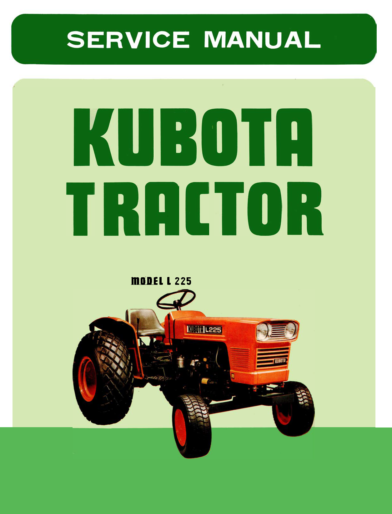 Service manual cover for Kubota tractor model L225 with green and orange design.