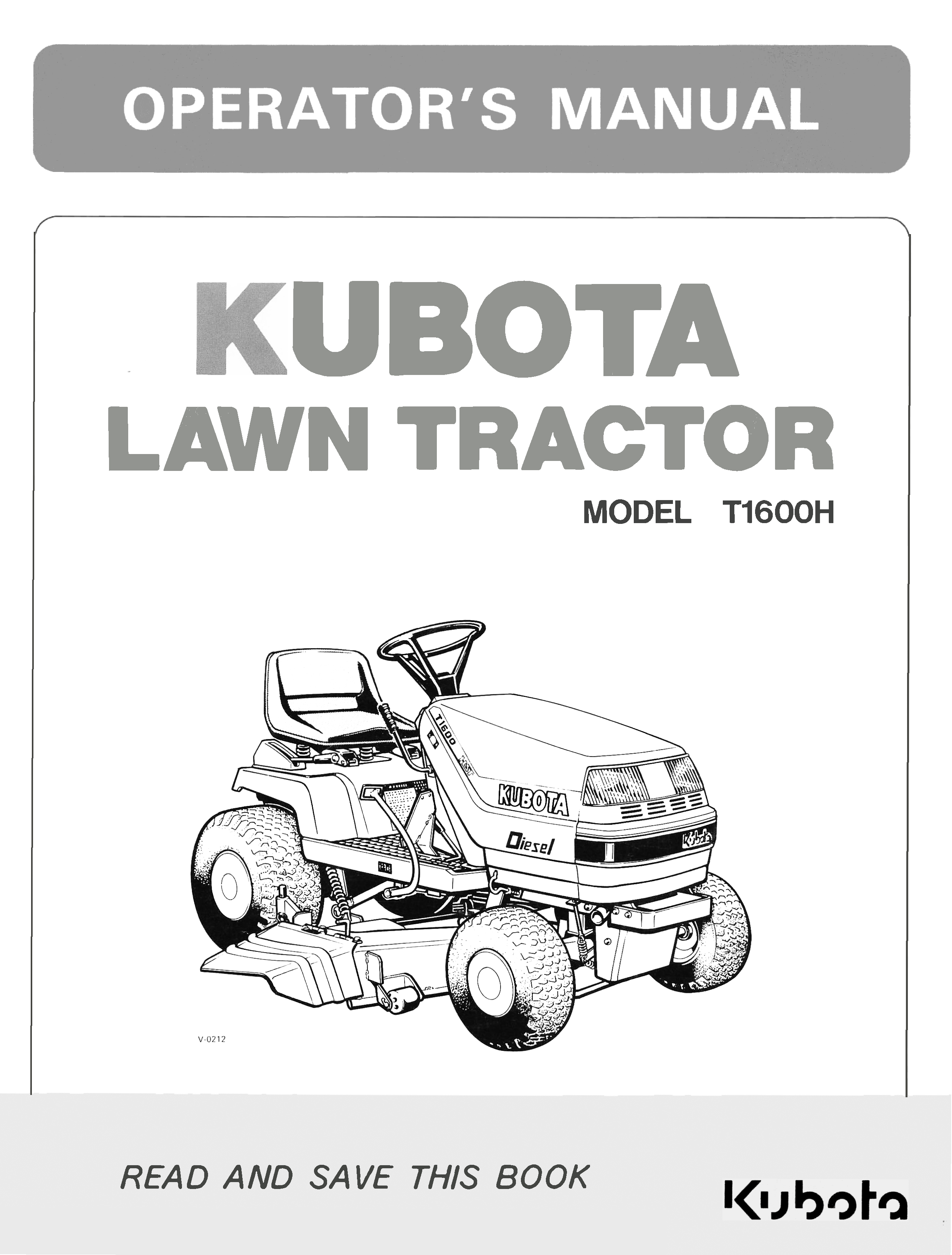 Kubota T1600H Lawn Tractor Operator's Manual