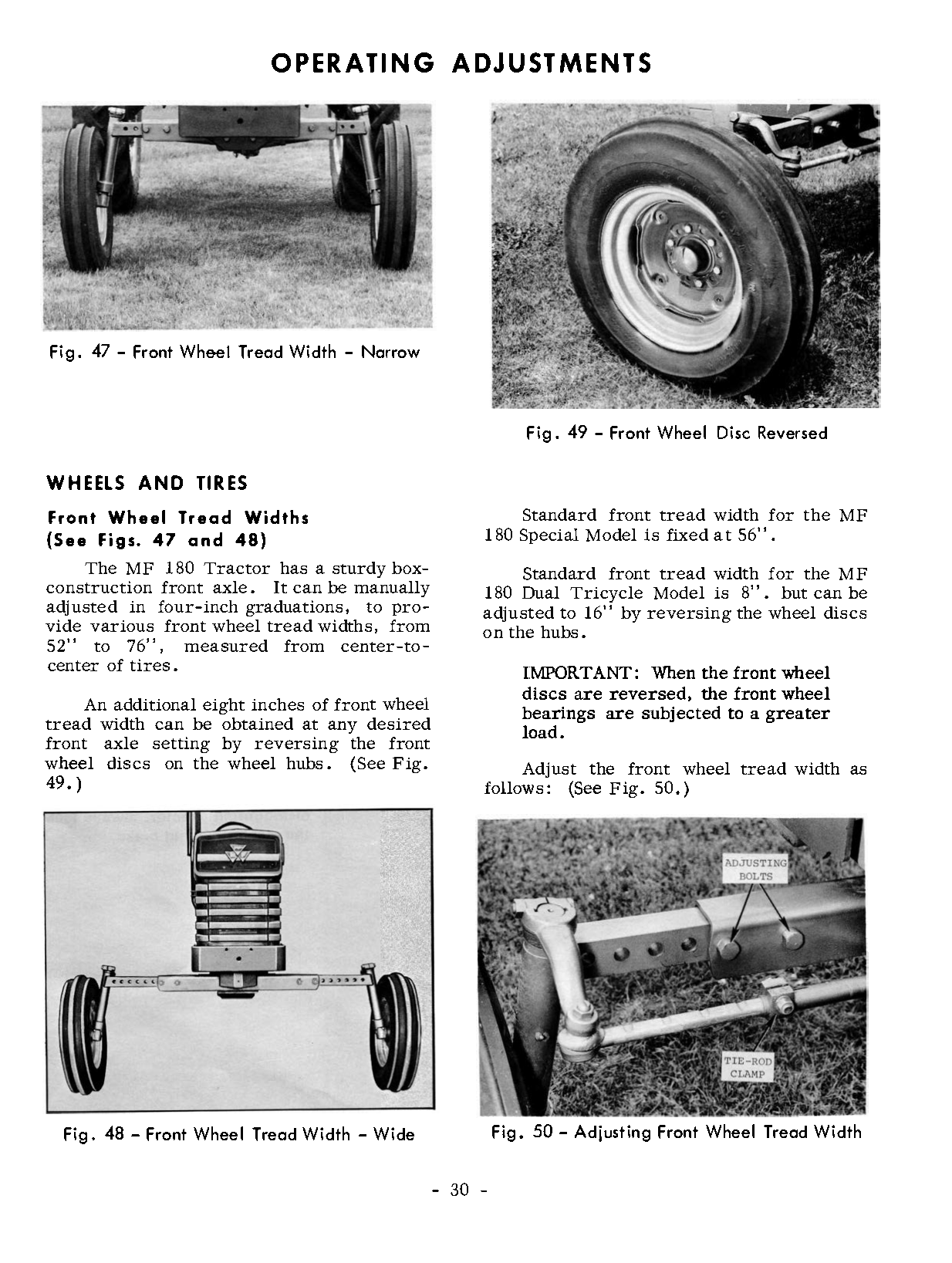 MF 180 tractor  technical manual page titled 'OPERATING ADJUSTMENTS' with six black-and-white photographs and explanatory text about front wheel tread width adjustments for a tractor.