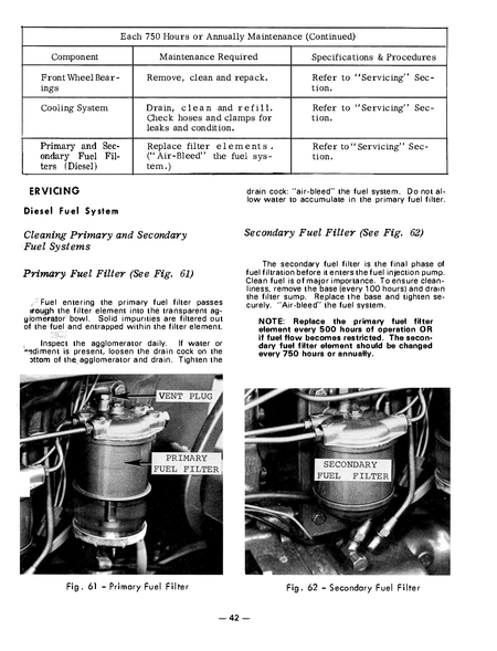 A black-and-white technical service manual page with tables and diagrams for fuel system maintenance, including text for primary and secondary fuel filters and two small labeled filter photos near the bottom MF 180 tractor