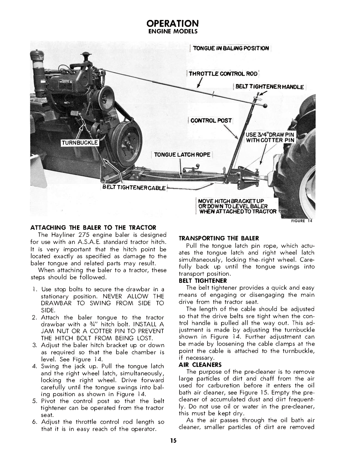 Vintage black and white diagram of a tractor and New Holland Hayliner 275 attachment with labeled parts on a white background.