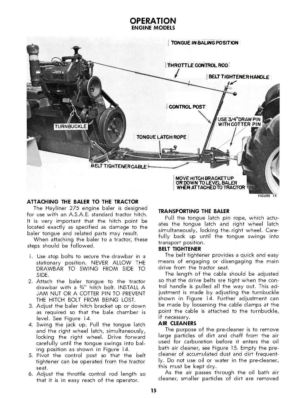 Vintage black and white diagram of a tractor and New Holland Hayliner 275 attachment with labeled parts on a white background.