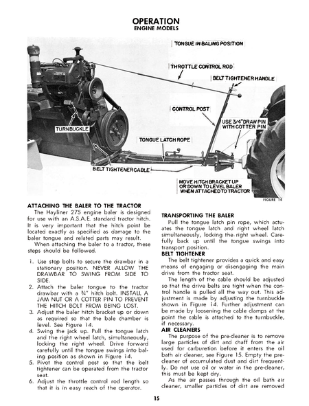 Vintage black and white diagram of a tractor and New Holland Hayliner 275 attachment with labeled parts on a white background.