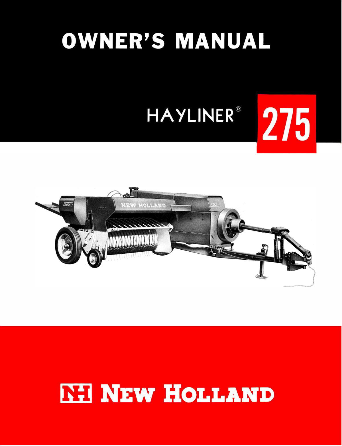 Owner's manual cover for New Holland Hayliner 275 with black and white illustration and red branding.