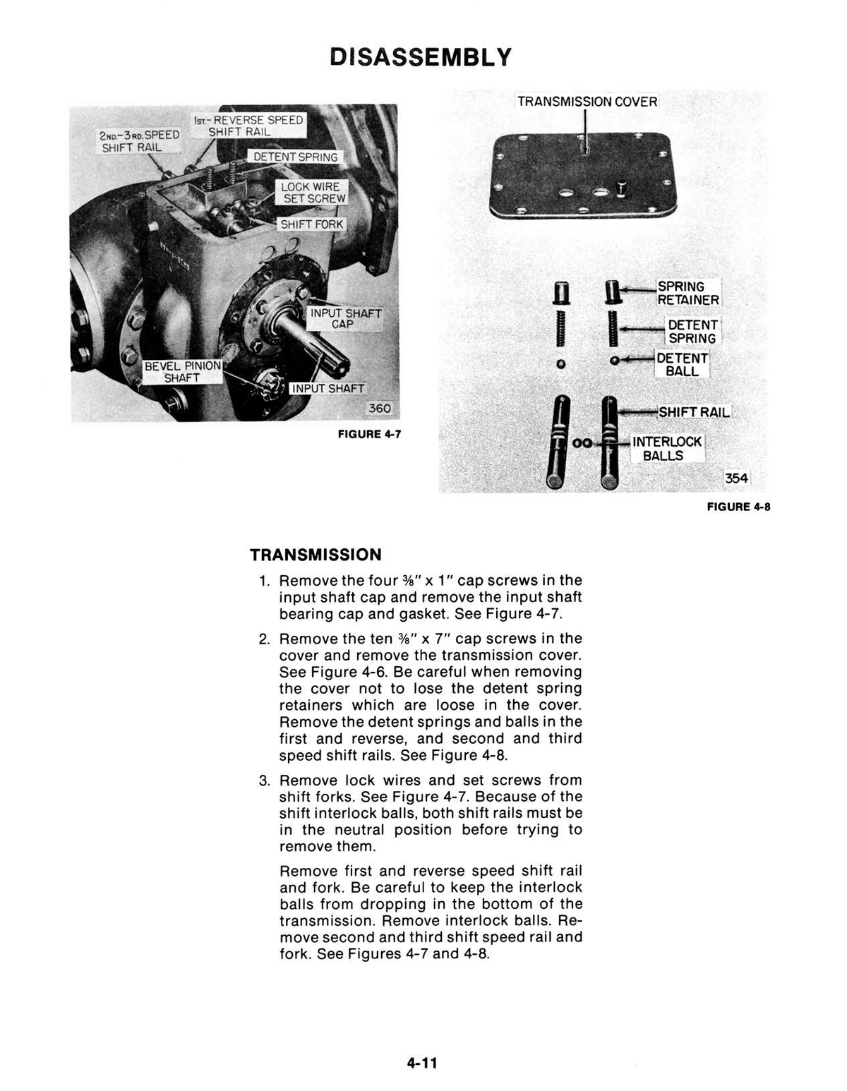 New Holland baler technical page titled 'DISASSEMBLY' showing a labeled disassembly diagram of a transmission with parts such as transmission cover, spring retainer, detent spring, and shift rail, plus numbered assembly steps below.