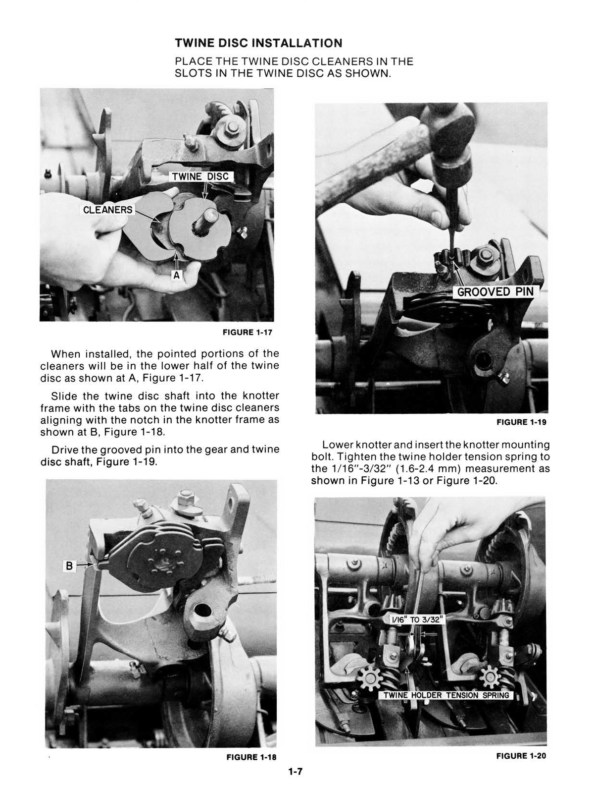 A printed installation guide page titled 'TWINE DISC INSTALLATION' with four labeled photos showing how to place twine discs in a knuckle disc and how to install a grooved pin, plus explanatory text and figure labels.