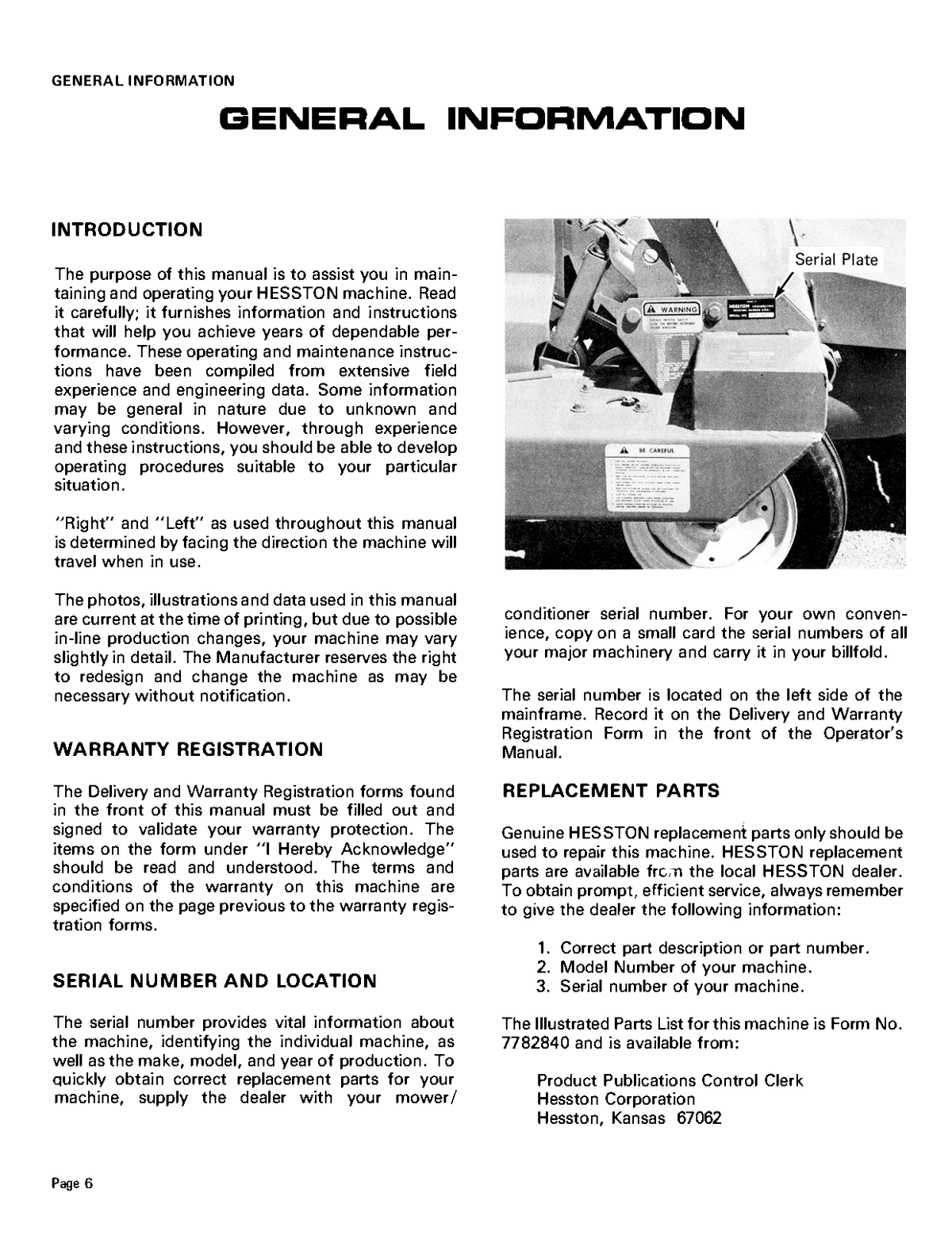 Page from a Hesston PT-7, PT-10 mower conditioner manual with text and an image of a tractor.