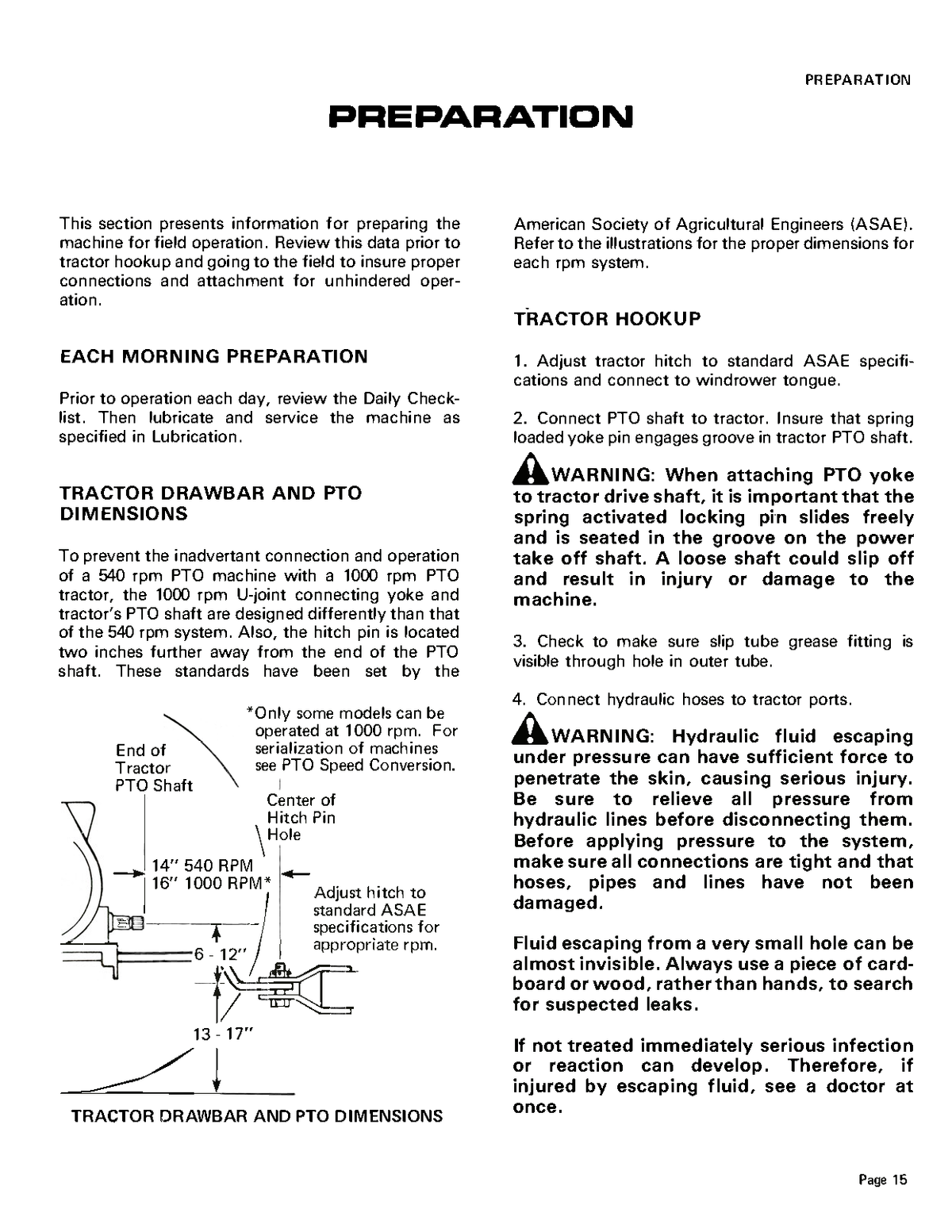 Page from a manual detailing tractor hook-up preparation with diagrams and text for a  Hesston PT-7, PT-10 mower conditioner
