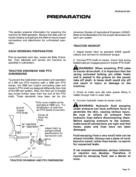 Page from a manual detailing tractor hook-up preparation with diagrams and text for a  Hesston PT-7, PT-10 mower conditioner