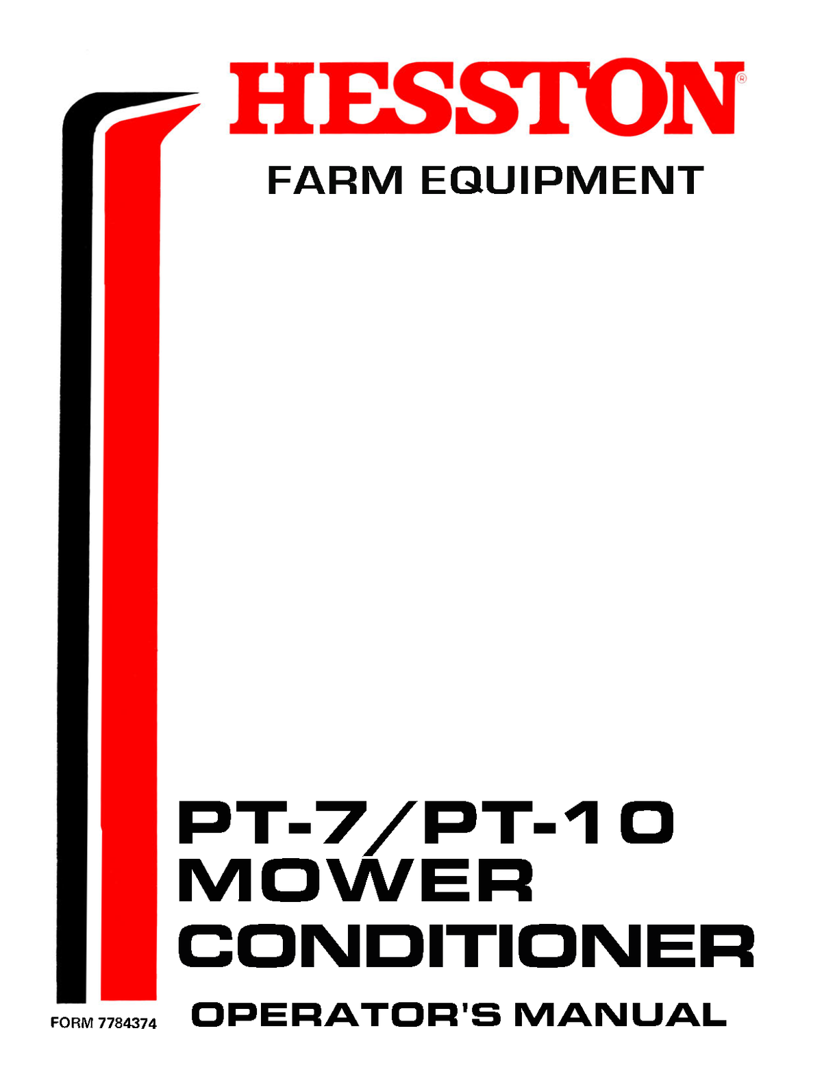 Hesston farm equipment operator's manual for PT-7/PT-10 Mower Conditioner on a white background